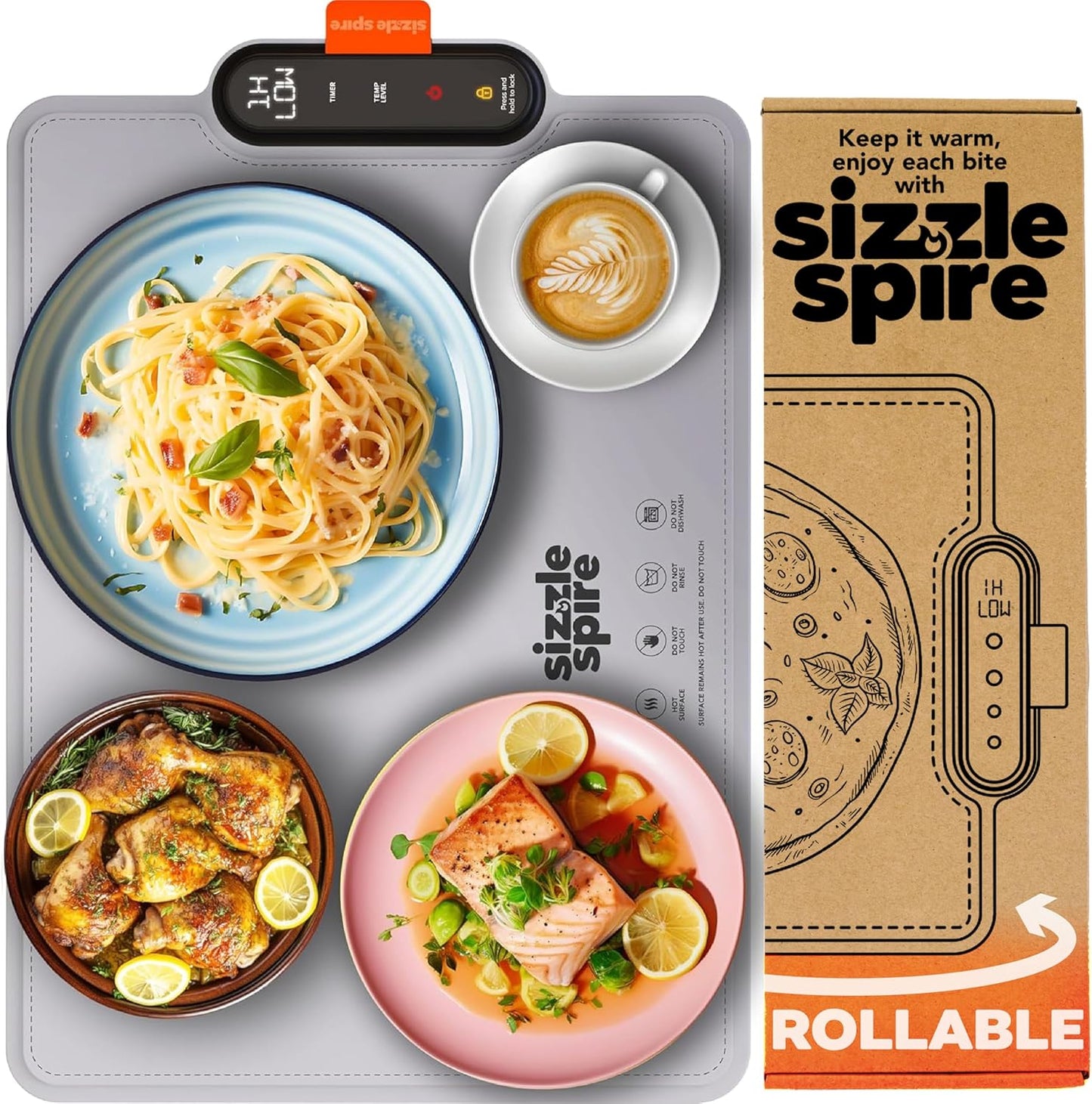 Electric Warming Tray, Rollable Silicone Warming Pad for Food with 4 Temperature Settings, auto Shut-Off, Great Food Warmer Mat for Parties, Buffets, Gatherings and Everyday Use - Gray