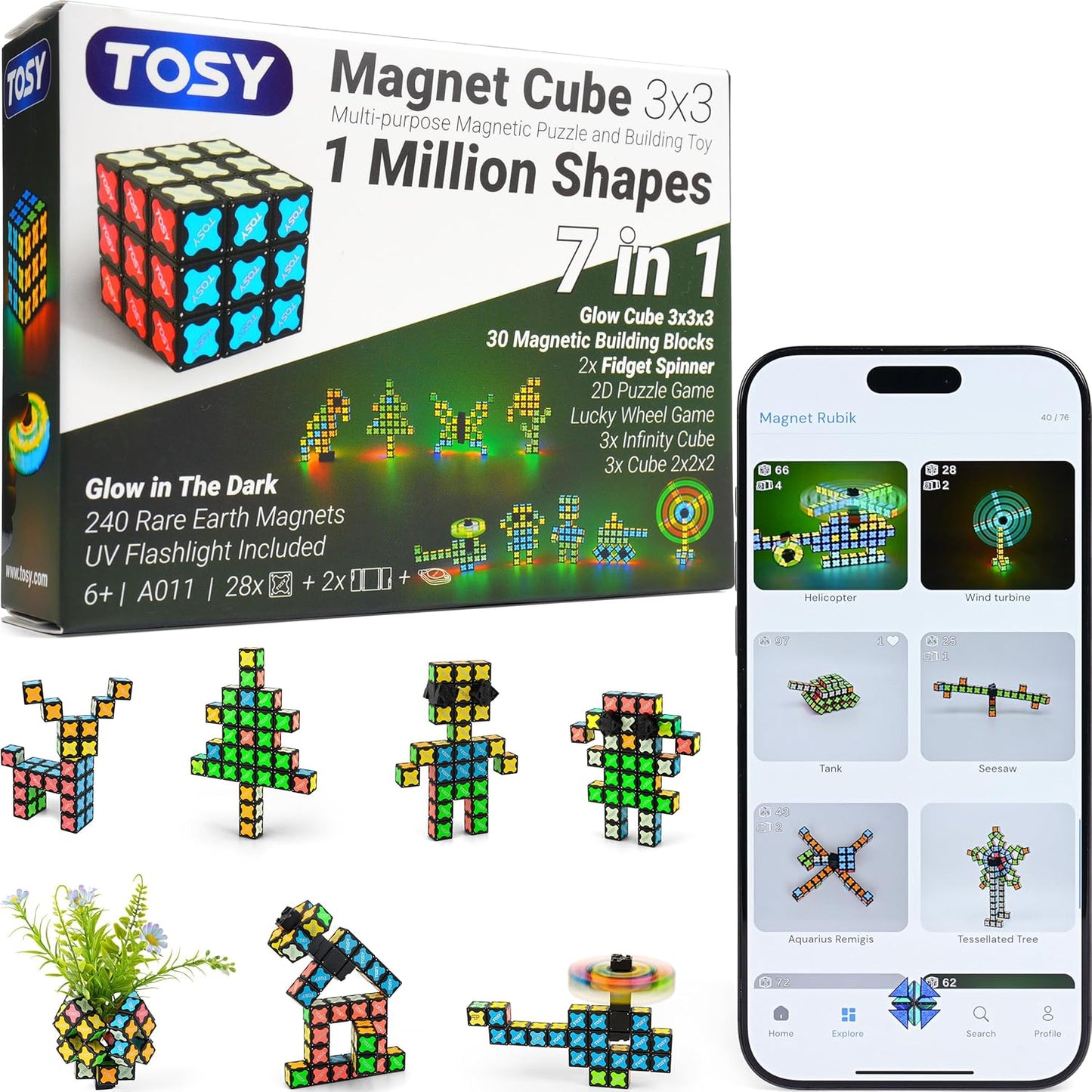 TOSY Magnet Cube 3x3 - 30 Blocks, 240 Magnets, Multipurpose: Creative Building Blocks, Transformable Fidget Spinner, Puzzle/Infinity Cube, Christmas Stocking Stuffers Gift for Kids, Glowing STEM Toy
