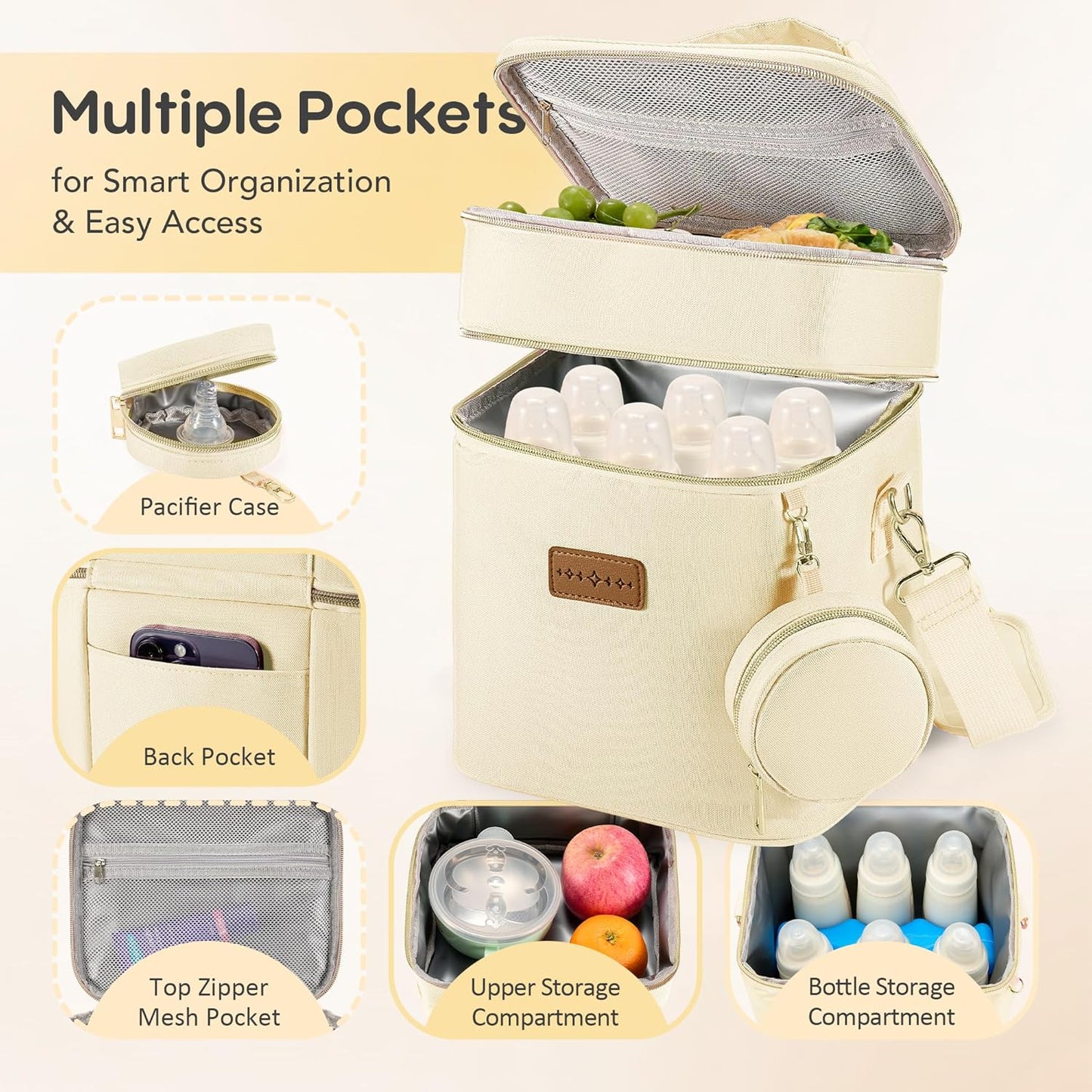 Breastmilk Cooler Bag with Ice Pack & Pacifier Case, Large Double Layer Insulated Baby Bottle Cooler Fits 6 Bottles, Breast Pump Storage Bag for Working Nursing Moms, with Gift Box