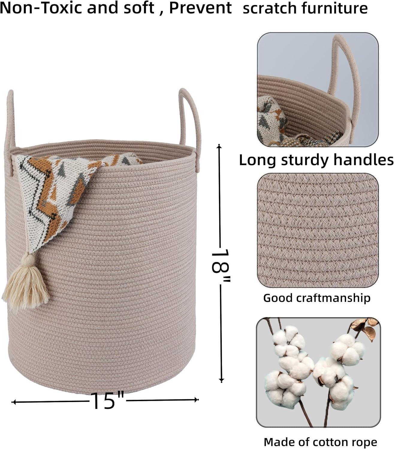 Cotton Rope Laundry Basket Hamper for Clothes Woven Storage Basket for Living Room Bedroom Boho Tall Rope Baskets for Blanket Toys Pillow Towels Baby Nursery Hamper Bin Konjac