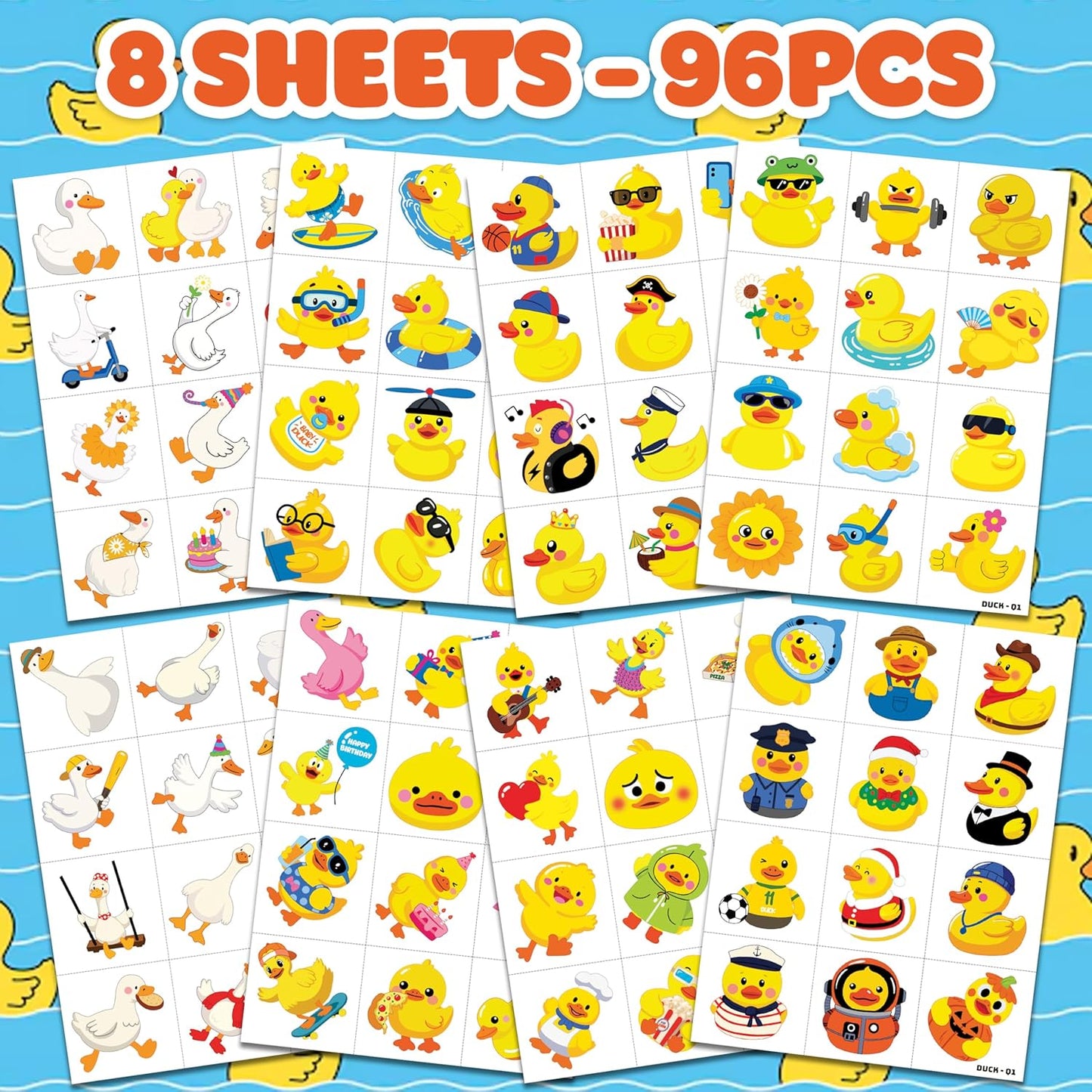 96 PCS Duck Pre-Cut Temporary Tattoos for Kids | Super Cute Themed Birthday Party Favors, Supplies, Decorations, Cute Farm Animal Fake Tattoo Stickers, School Rewards Prizes & Gifts for Boys & Girls