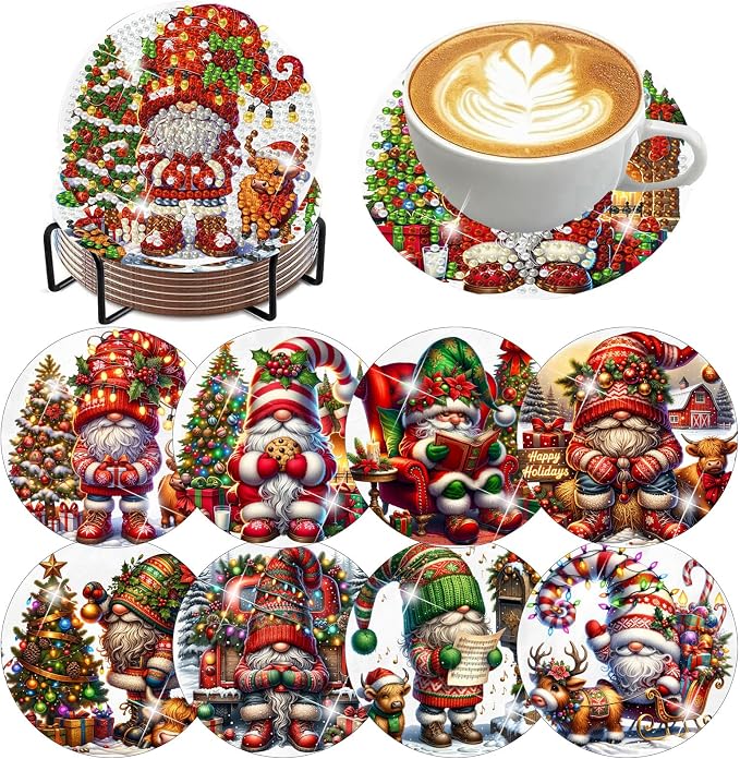 8 Pack Diamond Art Coasters, Christmas Gnome Diamond Painting Coasters Kits |