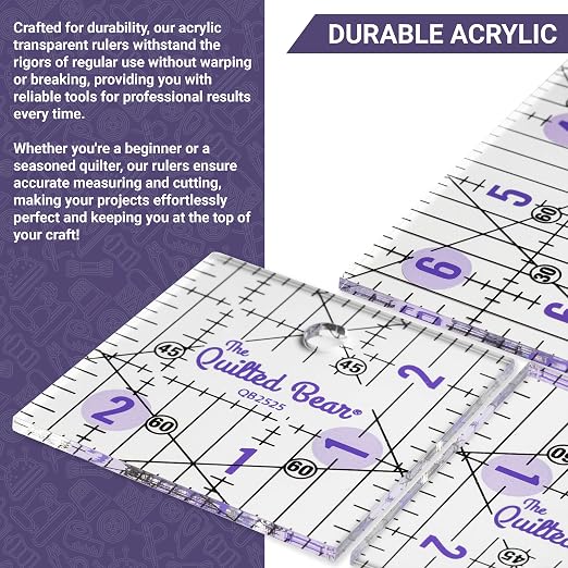 The Quilted Bear Square Quilting Ruler, Transparent Acrylic, Precise Bold Lines