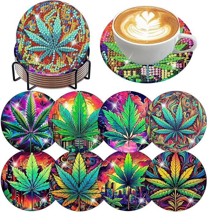 8 PCS Leaves Diamond Art Coasters Kits Diamond Painting Coaster | Diamond