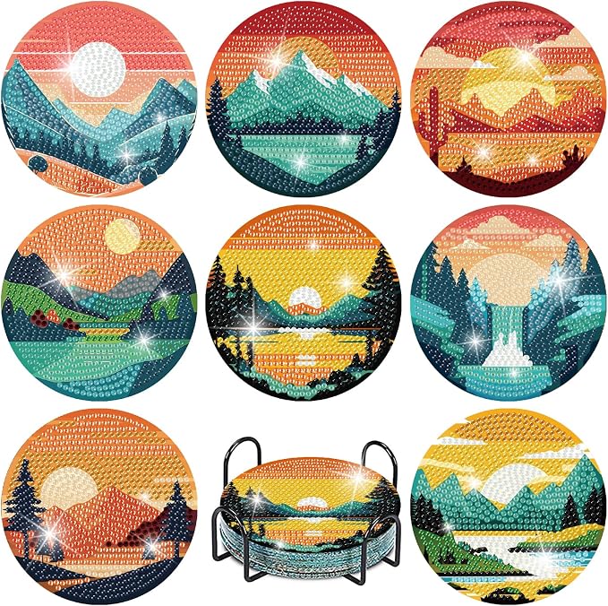 Clendo 8 Pcs Landscape Diamond Art Coasters Kit