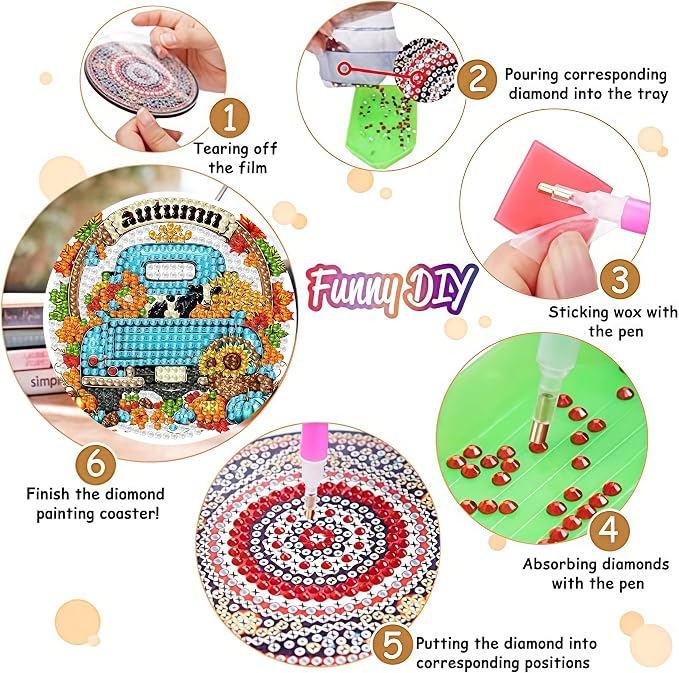 8 Pack Diamond Art Coasters, Autumn Truck Diamond Painting Coasters Kits | Fall
