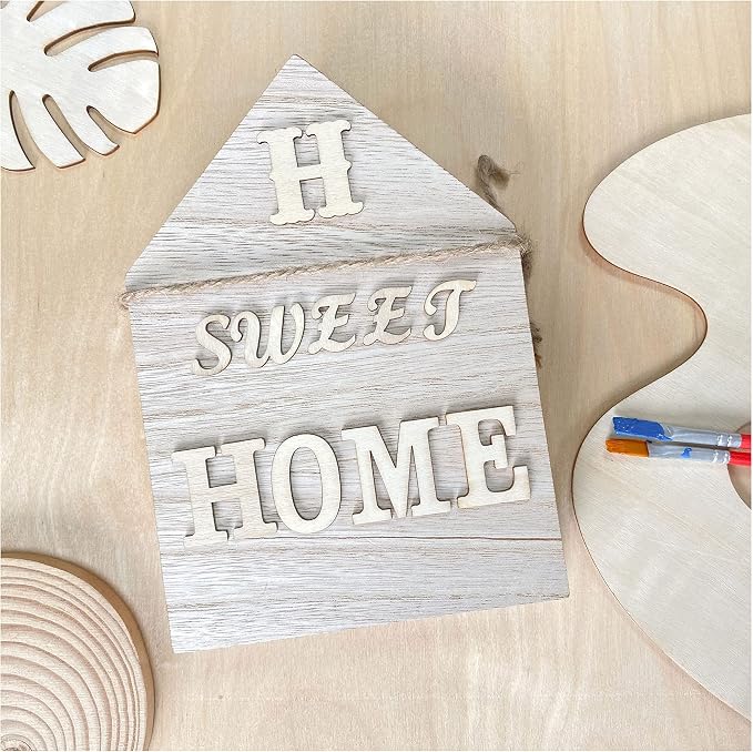 4 Pack 8 Inch Wooden House Shape Block Unfinished Wood Farmhouse Cutouts
