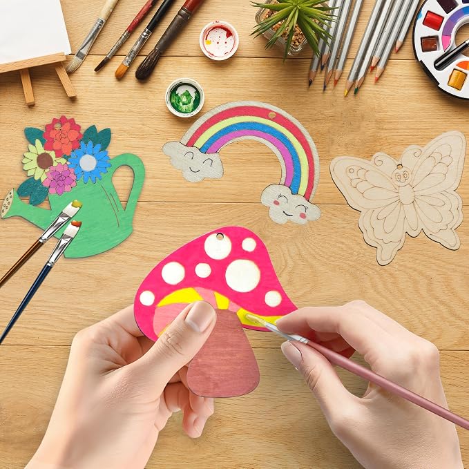 32PCS Wooden Spring Ornaments to Paint, 8 Styles DIY Blank Unfinished Wood