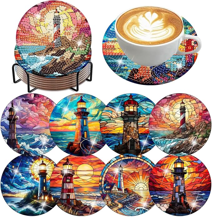 8 PCS Diamond Art Coasters Kits Lighthouse Diamond Painting Coaster | Diamond