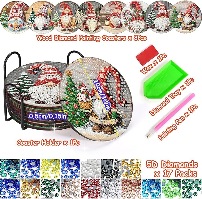 Clendo 8 PCS Christmas Gnome Diamond Art Coaster Kits
