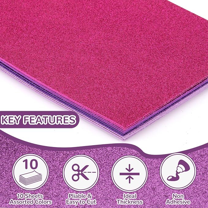 10 Pack Glitter Foam Sheets Craft 8 x 12 inch | 5 Colors Sparkles Foam Paper