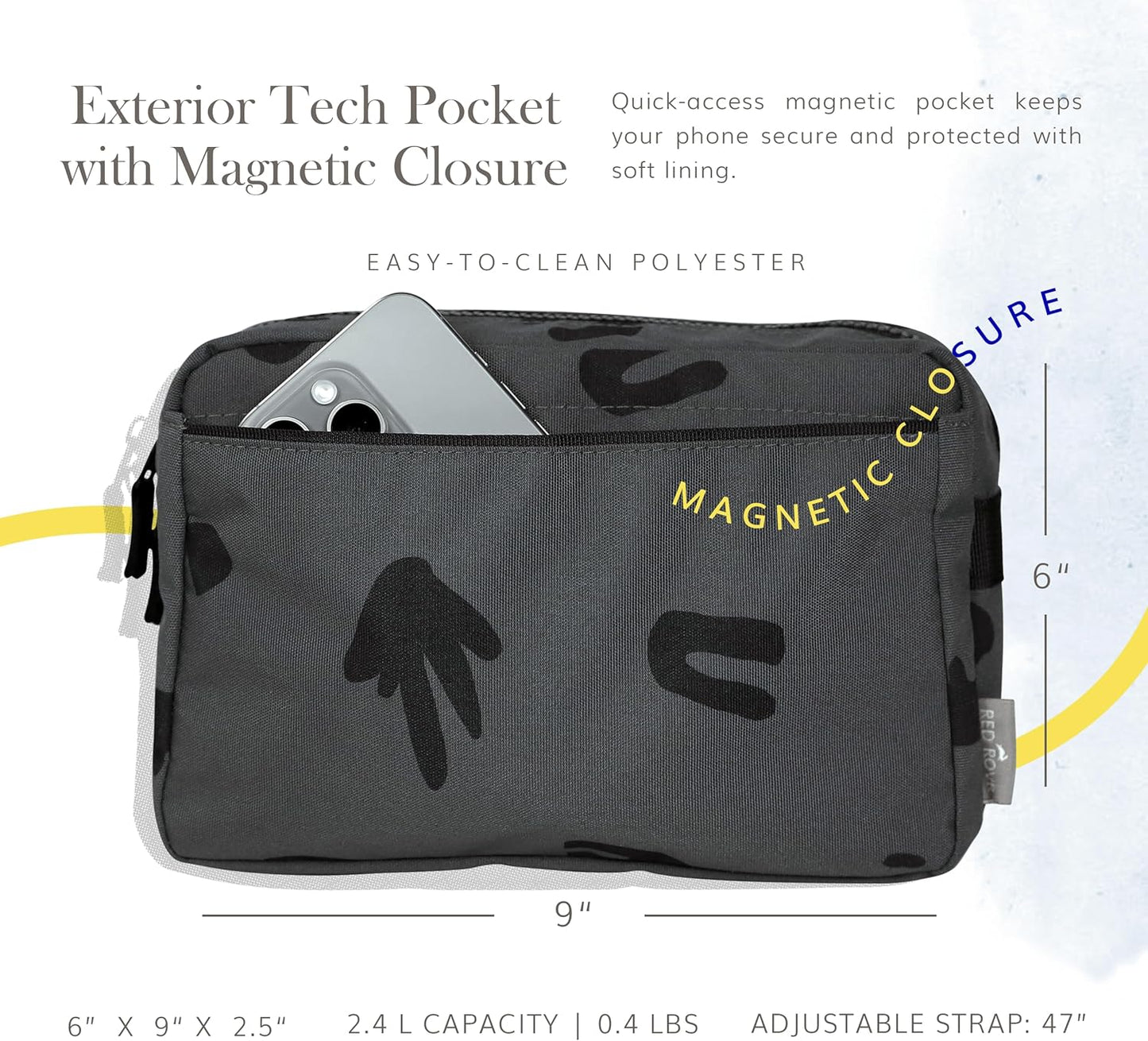 Red Rovr Everyday Joey Belt Bag | Organization & Zipper pockets |Adjustable Strap for All Ages (Charcoal Doodle)