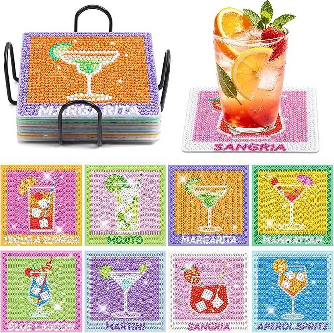 UPINS 8Pcs Cocktail Diamond Art Coasters, Summer Beach Diamond Art Coasters