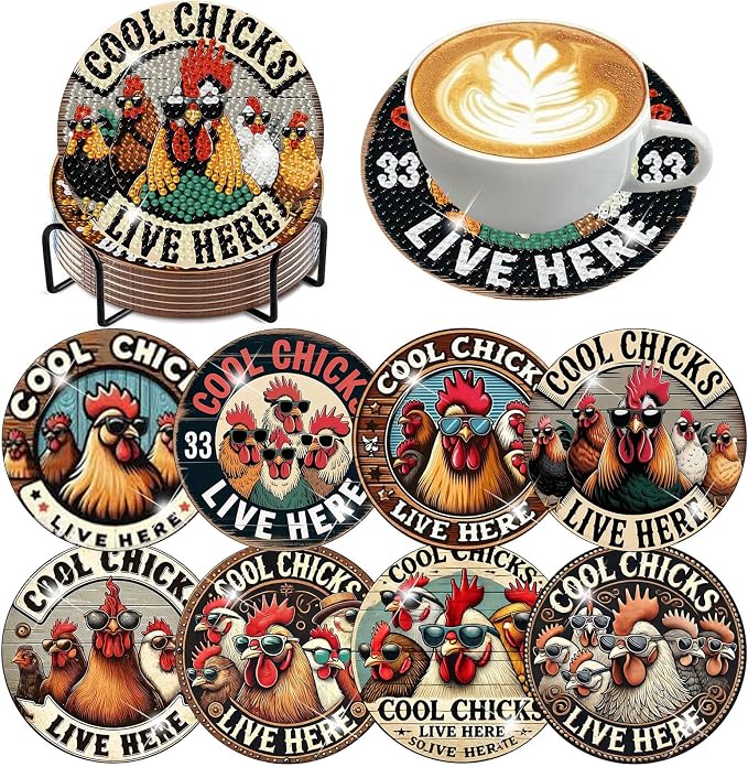 8 PCS Chicken Diamond Art Coasters Kits Diamond Painting Coaster | Diamond