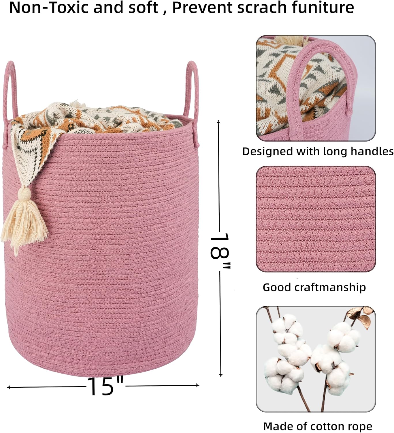 Cotton Rope Laundry Basket Hamper for Clothes Woven Storage Basket for Living Room Bedroom Boho Tall Rope Baskets for Blanket Toys Pillow Towels Baby Nursery Hamper Bin grape purple