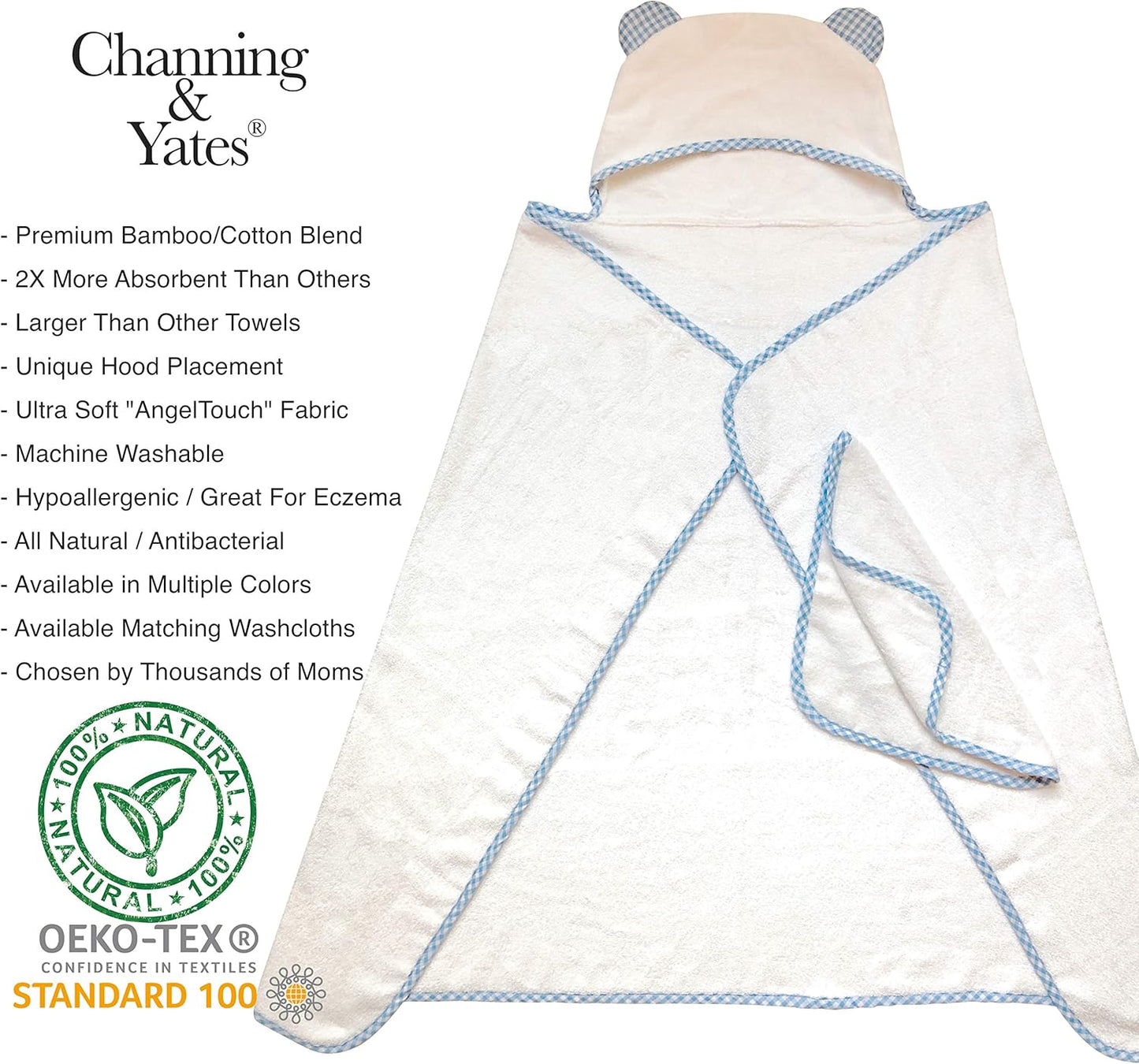 Channing & Yates Premium Boutique Organic Hooded Baby Towels and Washcloth Set - Softest Baby Towel with Hood - Baby Bath Towel for Newborn - Baby Boy Gift for Baby Shower (Blue)