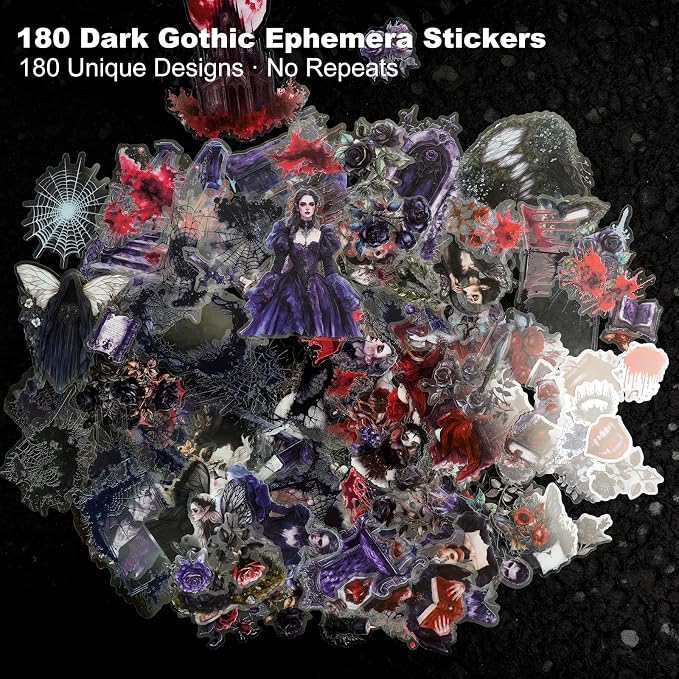 180PCS Night Falls PET Stickers, Dark Gothic Collage; Vampire Queen & Moon Elf