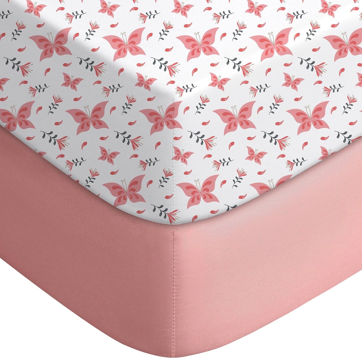 Yoofoss Pack and Play Sheets Fitted, Mini Crib Sheets 2-Pack for Pack N Play Mattress, Stretchy Playard Sheet, Soft and Breathable (Pink + Butterflies)
