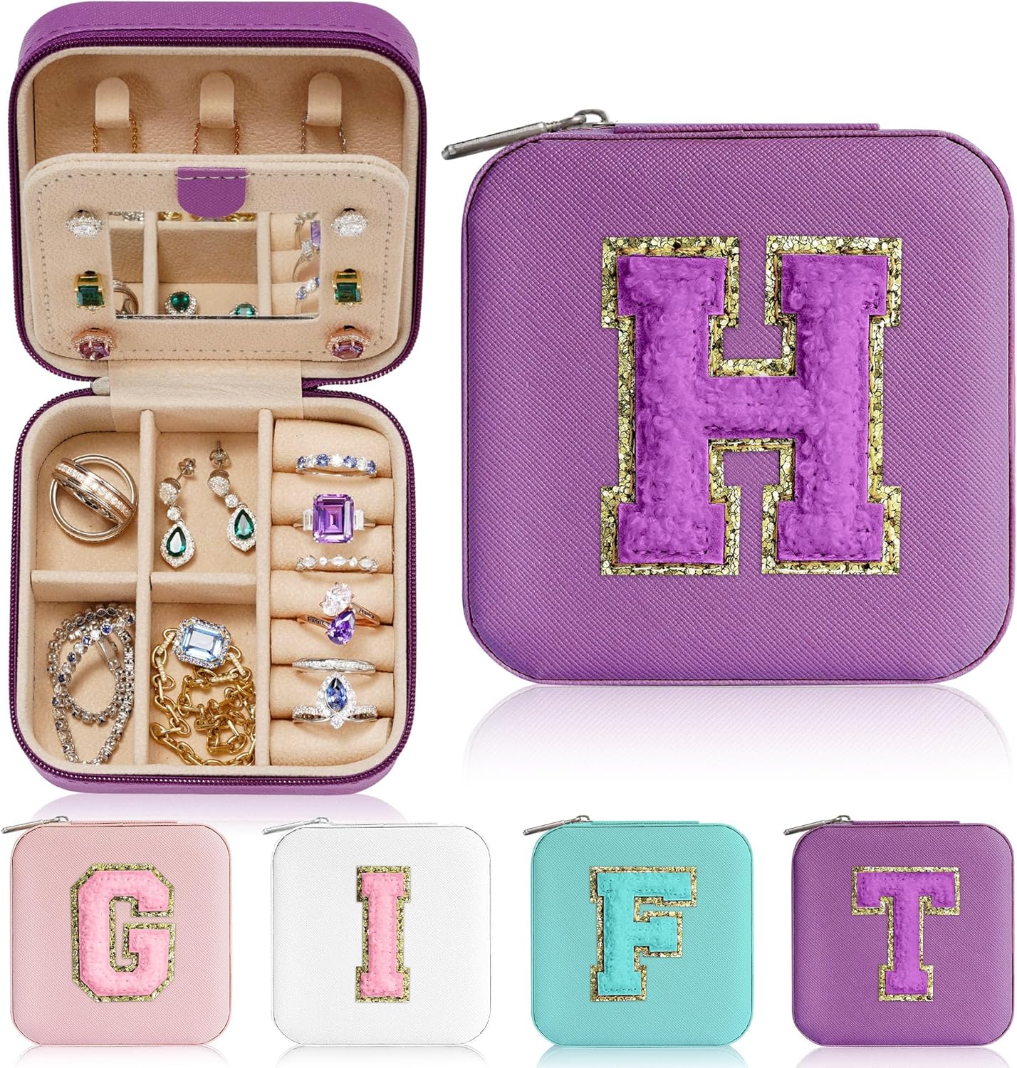 Parima Travel Jewelry Case for Women Girls, Initial Jewelry Boxes | Small Jewelry Box Organizer | Jewelry Box for Women | Travel Gifts for Girls - Letter H, Purple
