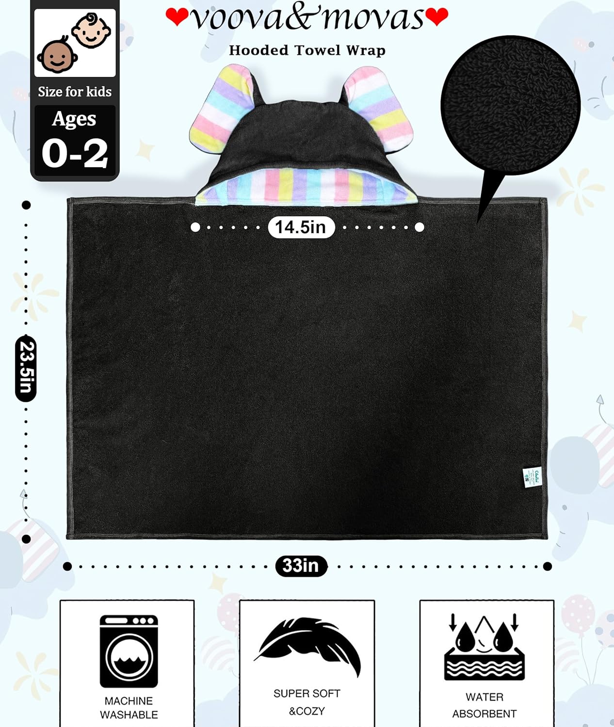VOOVA & MOVAS Thick Baby Hooded Bath Towel - 100% Cotton,500GSM, 33x31.5 Inches,0-2Years, Super Absorbent Large Towel with Cute Elephant Ears Hood for Newborn, Baby, Infant, Baby Essentials,Black