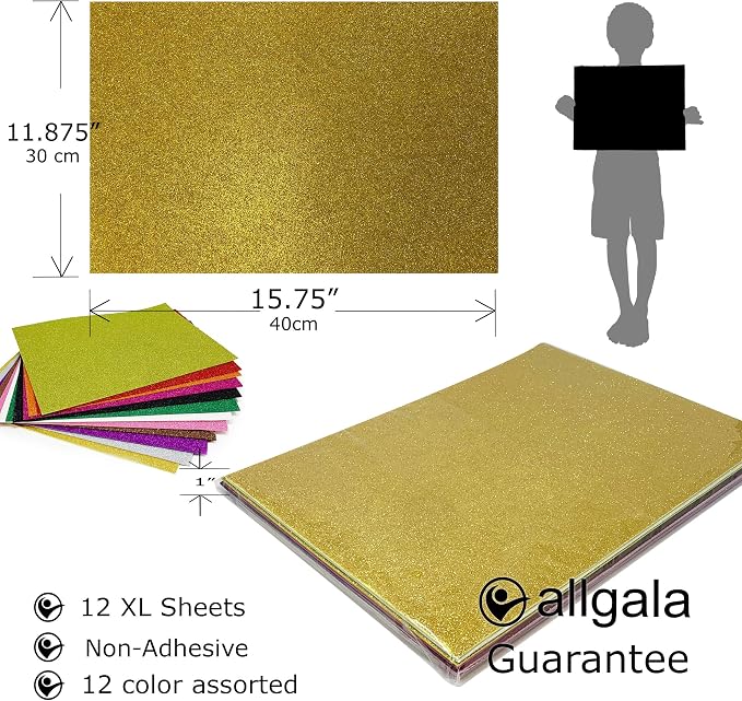 Allgala X-Large Glitter EVA Foam Sheets 12 Pack 12x16 inch Paper