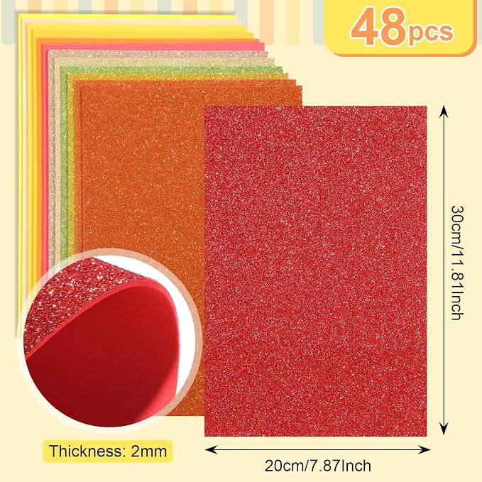 Feifeiya 48 Pcs Orange EVA Foam Sheets 8 x 12 Inch, 36 Regular Foam Sheets 12