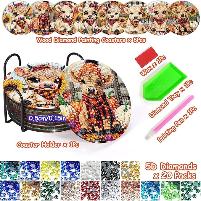 Axquilon 8 Pcs Highland Cow Diamond Art Coasters Kit