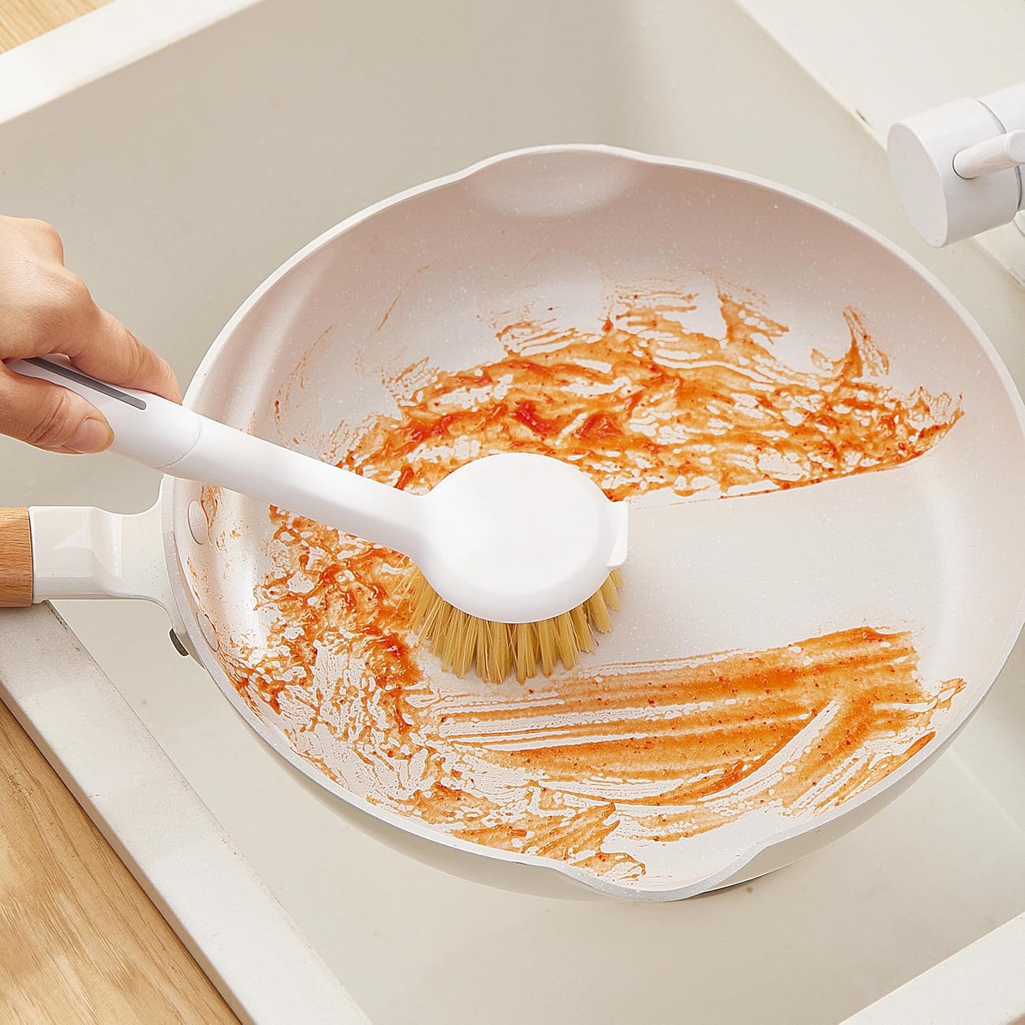 Kitchen Cleaning Brush(Natural Sisal Bristles),Pot Dish Brush Pots Comfortable Long Built-in Scraper Scrub Brush for Pans,Kitchen Sink Cleaning(White