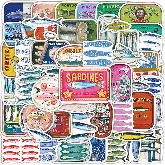 50 Pcs Vintage Sardine Fish Can Stickers, Retro Seafood Tin Label Ocean Fish