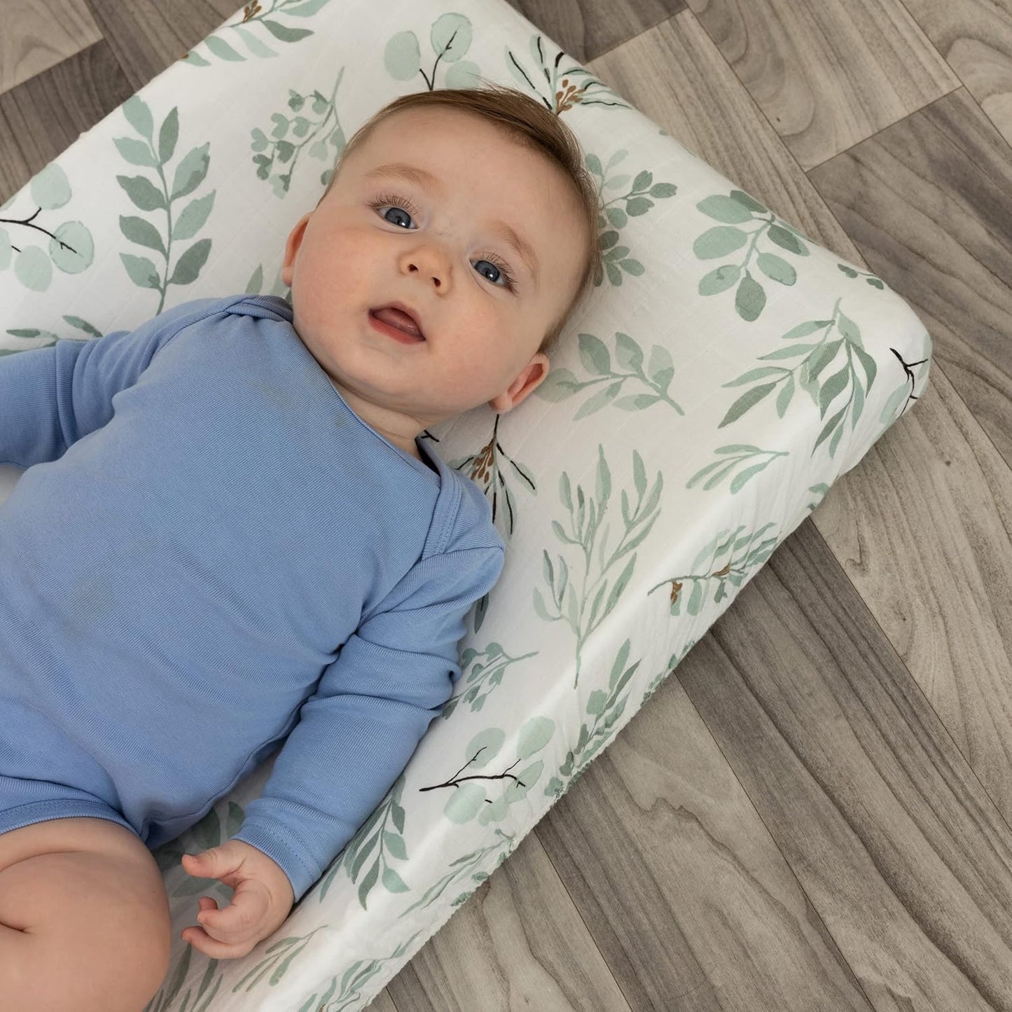 Organic Muslin Changing Pad Cover - Fitted Baby Changing Mat, Soft and Breathable, Eucalyptus Leaves, 16”x32”