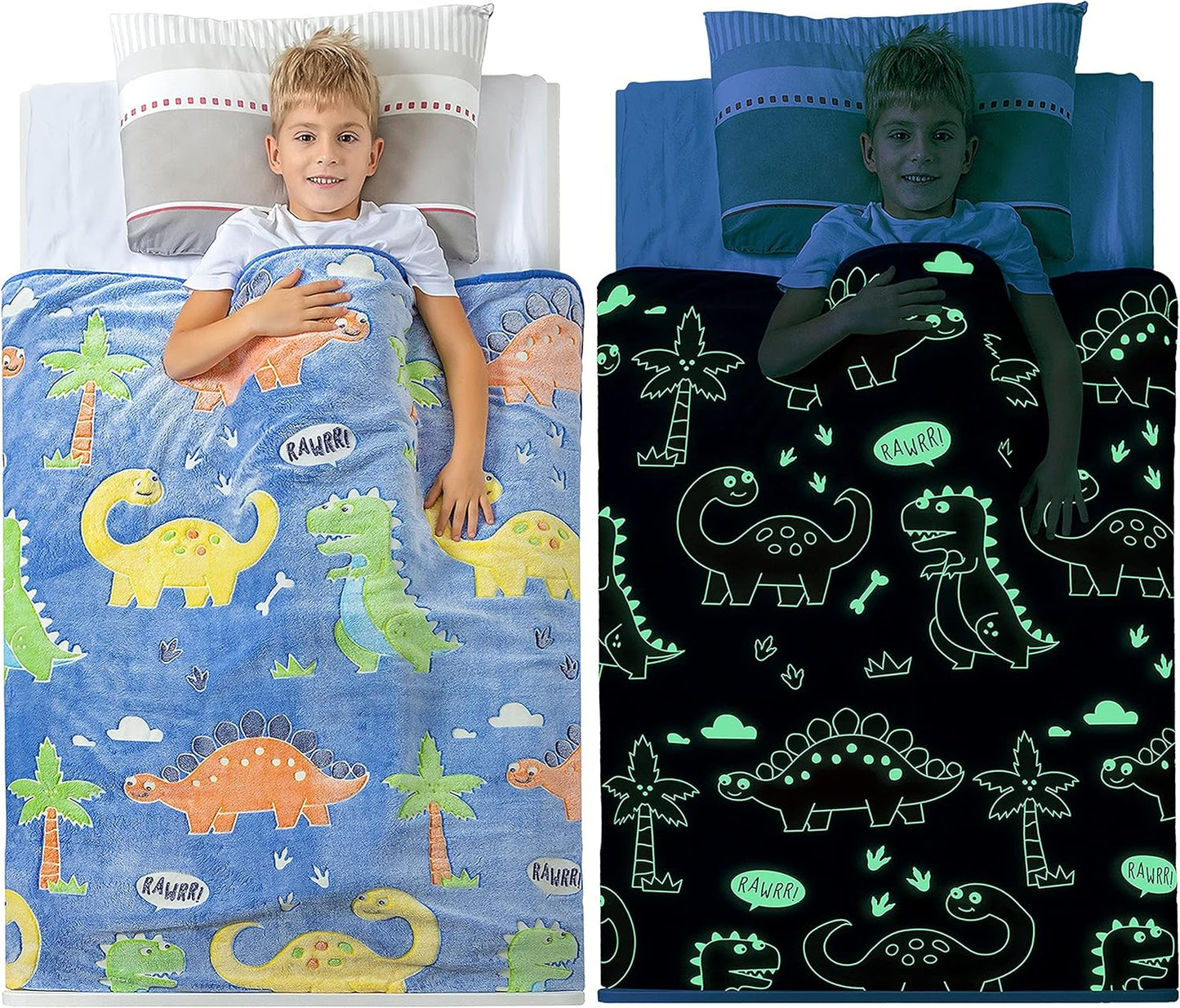Glow in The Dark Dinosaur Blanket for Boys –Soft Plush Blue Fleece Throw Blanket. Great Dinosaur Gifts for Kids, Grandkids, Baby, Toddler, Birthday, Christmas! 8+ Hour Glow. (50”X60”)