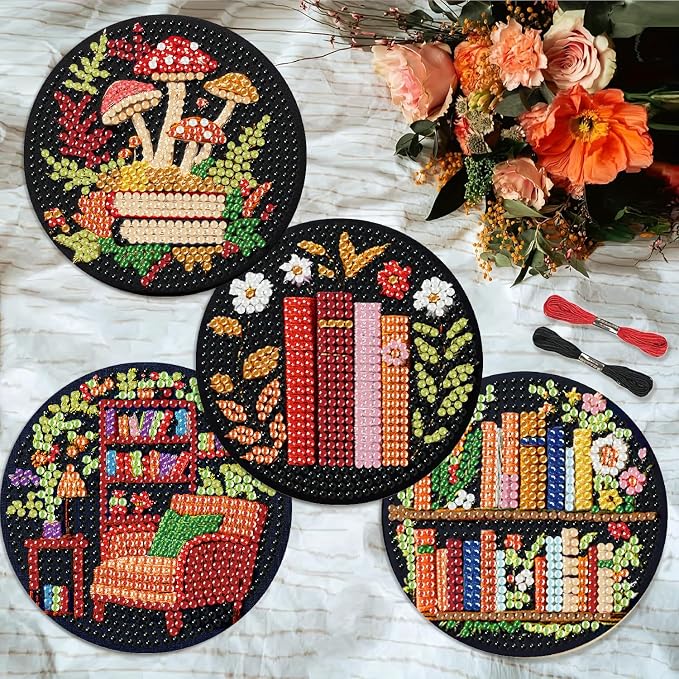 8 Pcs Bookshelf Diamond Art Coasters Kit
