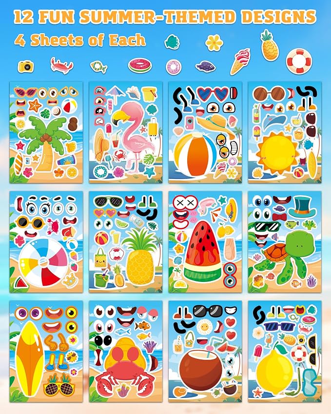 Aowplc 48 Sheets Summer Fun Make-a-Face Sticker Set