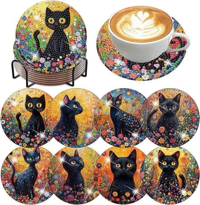 8 Pack Black Cat Diamond Art Coasters Kit for