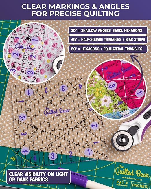 The Quilted Bear Square Quilting Ruler, Transparent Acrylic, 4.5" x 4.5" |