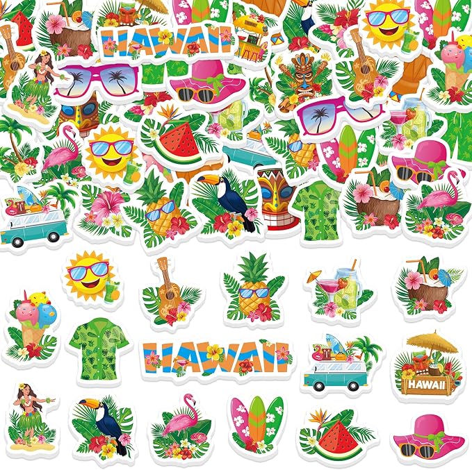 300Pcs Summer Foam Stickers, Colored Hawaii Palm Leaf Flower Foam Sticker Self