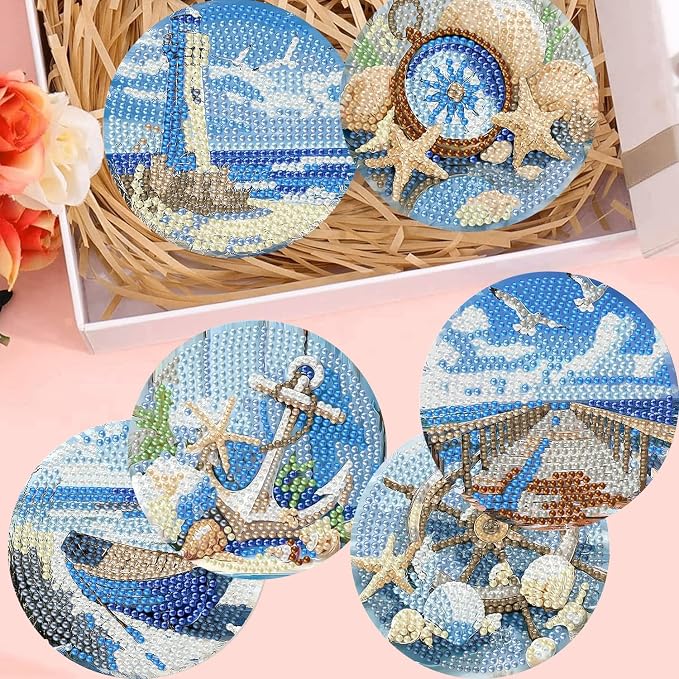 8 Pack Beach Diamond Art Coasters, Seaside Diamond Painting Coasters Kits |