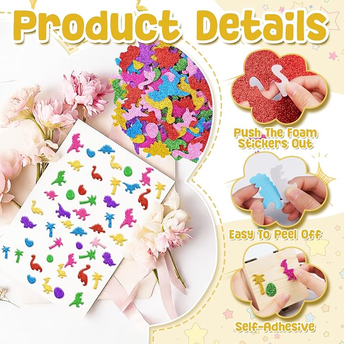Foam Stickers, 7 Sheets 3D Glitter Foam Dinosaur Stickers