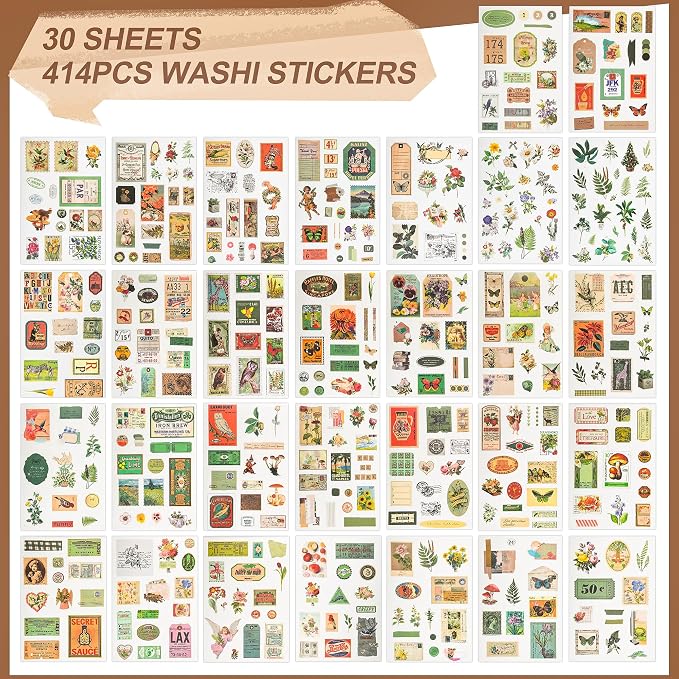 Vintage Washi Stickers for Scrapbooking, Aesthetic Sticker Book for Journaling