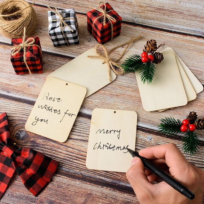 60 Pcs Wooden Tags 2.5 x 3.5 Inch Unfinished Wood Pieces Rectangle Square