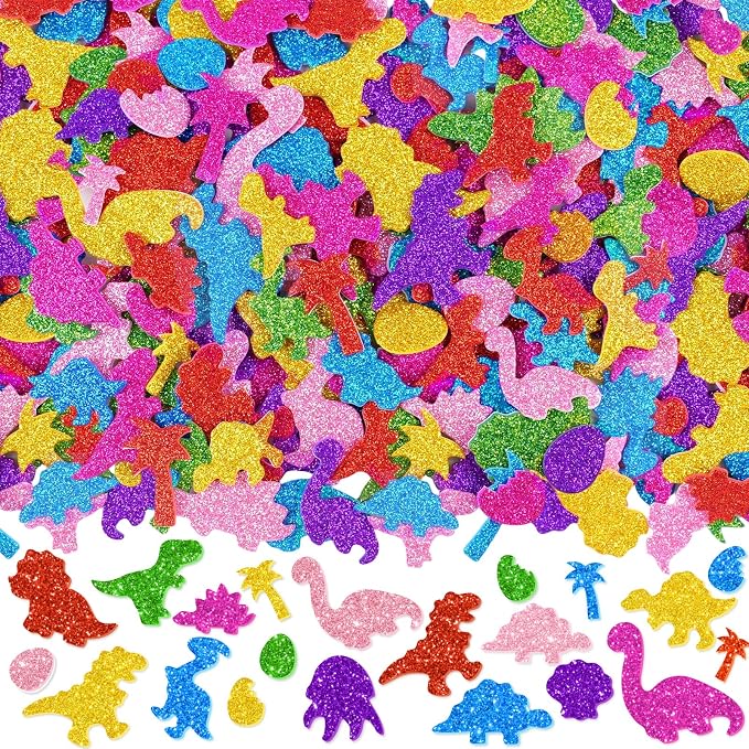 681 Pcs Glitter Foam Stickers, Dinosaur Shapes Stickers, 7 Sheets Colorful 3D