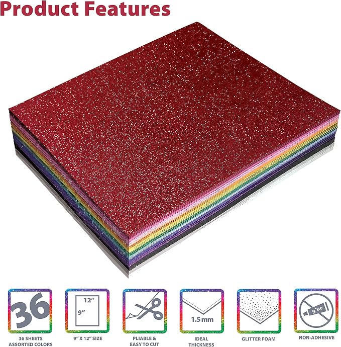 Better Office Products 36 Pack Glitter Foam Sheets, 9 x 12 Inch,