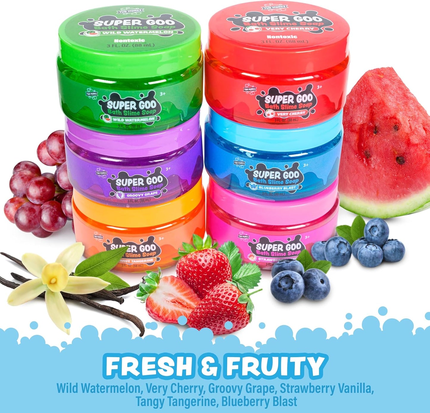 Tub Works Super Goo Bath Slime Soap Bath Toy, 6 Pack | Stretchy, Squishy Slime Soap for Kids Bath | Fresh, Fruity Scents | Nontoxic | Sensory Fun Kids & Toddler Bath Toys