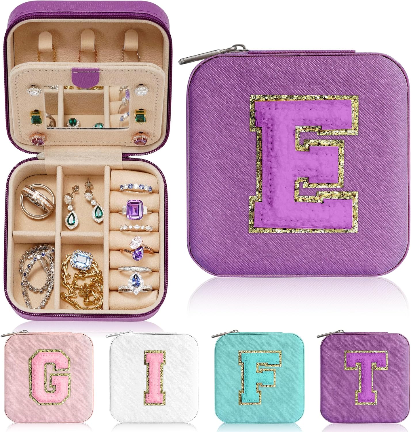 Parima Small Jewelry Box for Girls, Travel Must Have Jewelry Organizer Travel Case | Travel Gifts for Women Girls Jewelry Box | Graduation Gifts for Friends Female - Letter E, Purple