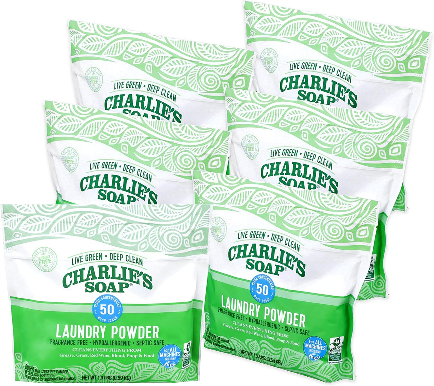 Charlie's Soap - Unscented Laundry Powder 50 Loads (Six 50-load Bags, 300 Total Loads)