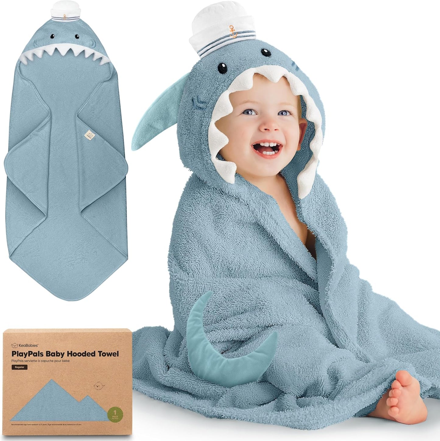KeaBabies Organic Baby Towel with Hood for Girls, Boys - Soft, Absorbent, 100% Cotton Hooded Baby Towels for Newborns, Infants, Large Hooded Bath Towels for Babies, Kids, Toddler 1-3 (Skipper)