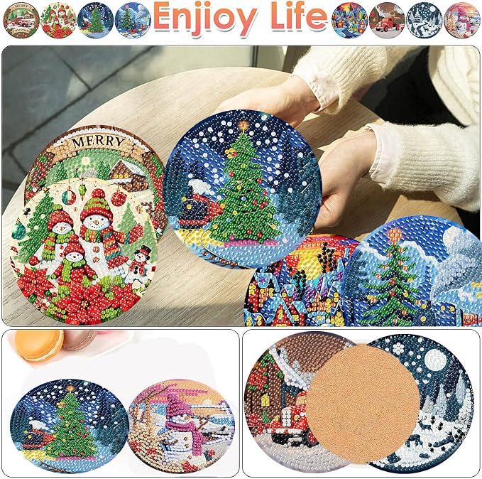ijbnhd 8 PCS Christmas Diamond Art Coasters Kit Diamond Painting Coasters |