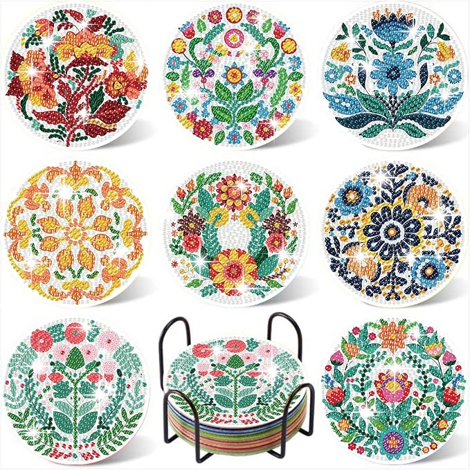 8PCS Flowers Diamond Art Coasters Kits, Diamond Painting Coasters