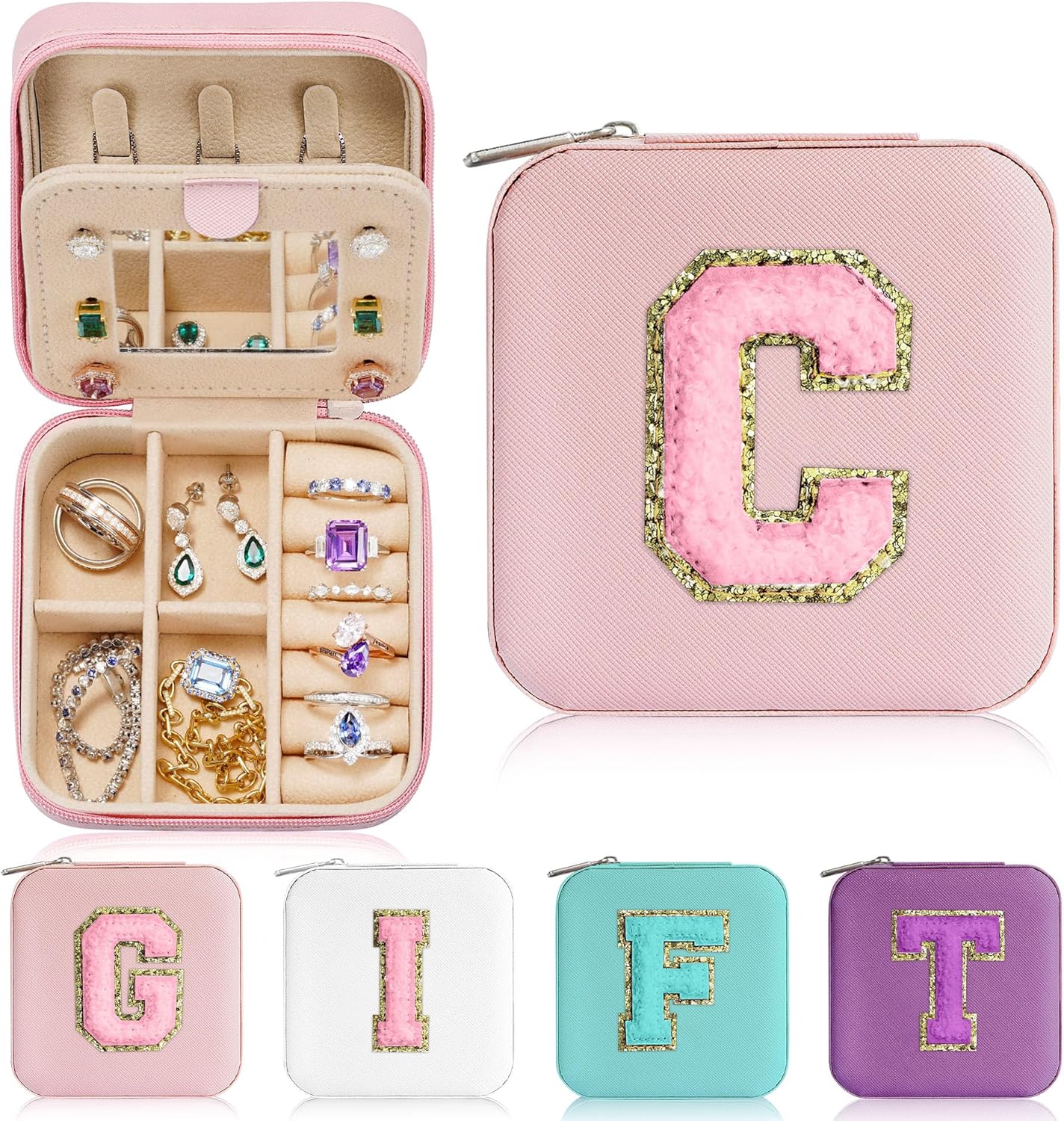 Parima Travel Essentials for Women Jewelry Box, Travel Accessories for Teen Girls Trendy Stuff | Necklace Organizer Earrings Organizer Ring Organizer - Letter C, Pink