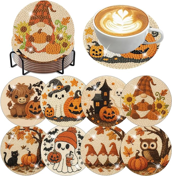 8 PCS Halloween Diamond Art Coasters Kits Cute Diamond Painting Coaster |
